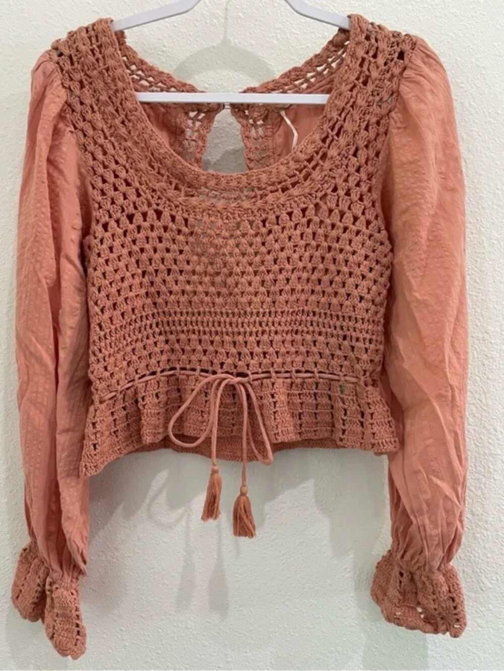 Free People Crochet Feminine Long Sleeve Top Boho Puff Sleeve Vintage